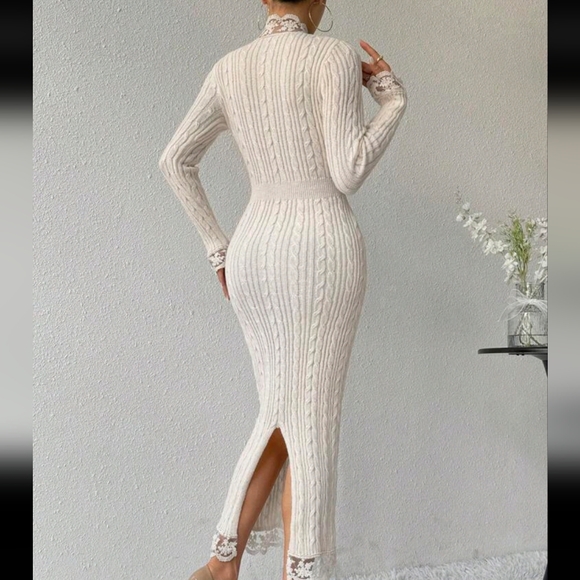 Women Elegant Solid Color Lace Patchwork Fitted Long Sweater Dress, - Picture 2 of 4